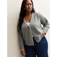New Look Curves Mid Grey Blanket Stitch V-Neck Cardigan