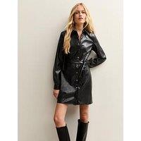 New Look Black Faux Leather Button Up Mini Shirt Dress