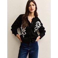 New Look 3D Rose Embroidered Crew Cardigan - Black