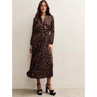 New Look Dark Brown Animal Print Pleated Long Sleeve Midi Dress