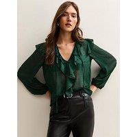 New Look Dark Green Metallic Spot Frilly Trimmed Blouse