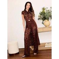 Michelle Keegan Lace Wide Leg Trouser Co-Ord - Brown
