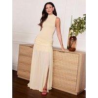Michelle Keegan Sheer Hem Polka Dot Maxi Dress - Lemon