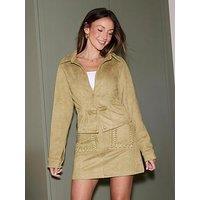 Michelle Keegan Faux Suede Shirt Co Ord - Olive