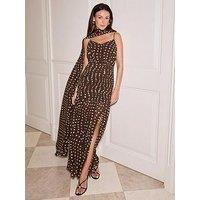 Michelle Keegan Cape Maxi Chiffon Dress - Brown Polka Dot