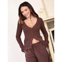 Michelle Keegan Woven Mix Ruffle Hem Cardigan - Chocolate Plum