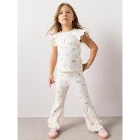 The Very Collection Girls Rib Frill Top With Bow Legging Outfit - Floral Print