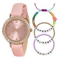 Tikkers Rose Gold Stone Watch & Set Case With Pink Strap And Friendship Bracelet Set