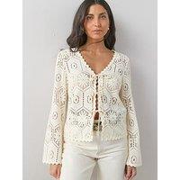 The Very Collection Long Sleeve Tie Up Crochet Top - Cream