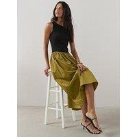 The Very Collection Ribbed Vest Woven Skirt Midi Dress - Black/Green