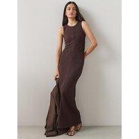 The Very Collection Ruched Side Textured Maxi Dress - Brown