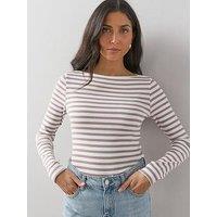 The Very Collection Boat Neck Stripe Ribbed Long Sleeve Top - Cream