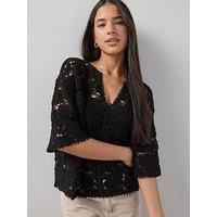 The Very Collection Oversized Crochet V Neck Top - Black
