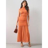 The Very Collection Ruched Mesh Midi Dress - Orange