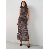The Very Collection Spot Ruched Mesh Midi Dress - Brown