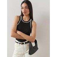 The Very Collection Embroidered Trim Rib Racer Vest - Black