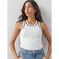 The Very Collection Embroidered Trim Rib Racer Vest - White/Brown