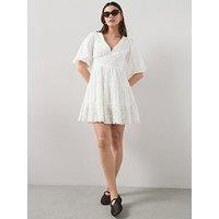 The Very Collection Broderie Puff Sleeve V Neck Mini Dress - White