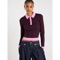 River Island Long Sleeve Ribbed Polo Top - Brown