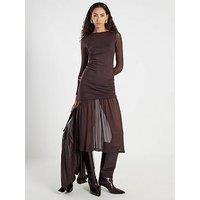 River Island Mesh Long Sleeve Ruched Midi Dress - Brown
