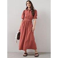 The Very Collection Cheesecloth Puff Sleeve Midi Dress - Clay