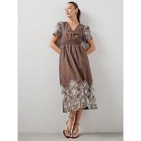 The Very Collection Broderie Contrast Detail Midaxi Dress - Brown