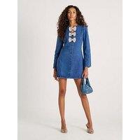 River Island Bow Embellished Long Sleeve Mini Dress - Blue