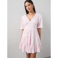 The Very Collection Broderie Puff Sleeve V Neck Mini Dress - Pink