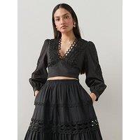 The Very Collection Cotton Broderie Long Sleeve V-Neck Blouse - Black