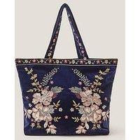 Monsoon Fallon Floral Embroidered Velvet Tote Bag - Blue