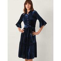 Monsoon Tanya Stretch Velvet Midi Shirt Dress - Blue