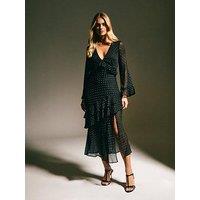 New Look Chiffon Metallic Pattern Ruffled Midi Dress - Black