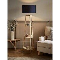 Valuelights Hiru Cream 3 Tier Shelf Wooden Tripod Floor Lamp With Navy Drum Shade