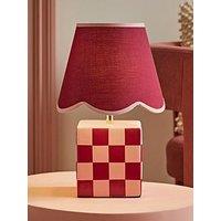 Valuelights Evie Burgundy Ceramic Checkerboard Table Lamp With Scallop Shade