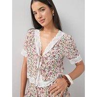 The Very Collection Floral Lace Trim Tie Front Blouse - Print