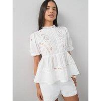 The Very Collection Broderie Lace Detail Puff Sleeve Co-Ord Blouse - White
