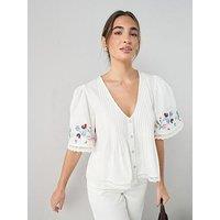 The Very Collection Lace Trimmed Pleated Embroidered Blouse - White
