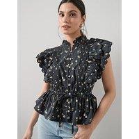 The Very Collection Ditsy Printed Ruffle Detail Tie Blouse - Black