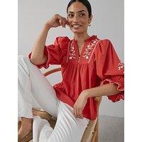 The Very Collection Cotton Poplin Embroidered Blouse - Red