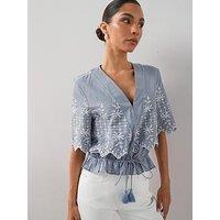 The Very Collection Cotton Embroidered Tie-Waist Co-Ord Blouse - Blue