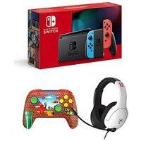 Nintendo Switch Console + Rematch Wireless Controller - Mario Bricks Reveal & Airlite Fit Black & White Headset