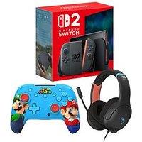 Nintendo Switch 2 Console + Airlite Fit Headset Ns2 Charcoal Black + Rematch Wireless Ns2 Mario & Luigi Controller