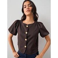 The Very Collection Puff Sleeve Button Up Top - Brown