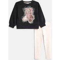River Island Mini Mini Girls Sequin Bear Sweatshirt Set - Black
