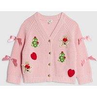 River Island Mini Girls Bow Christmas Cardigan - Pink