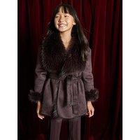 River Island Older Girls Faux Fur Suede Coat - Brown