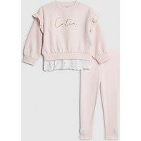 River Island Mini Girls Broderie Hem Cutie Sweatshirt Set - Pink