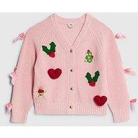 River Island Older Girls Bow Christmas Cardigan - Pink