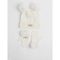 River Island Mini Girls Bow Beanie And Mittens Set - Cream