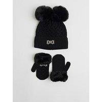 River Island Mini Girls Bow Beanie And Mittens Set - Black